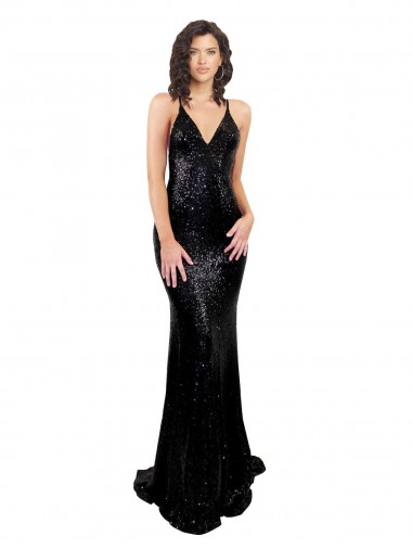 Open Back Black Mermaid V-Neck Long Black Tie Evening Gown / Prom Dress / Bridesmaid Dress Bolton