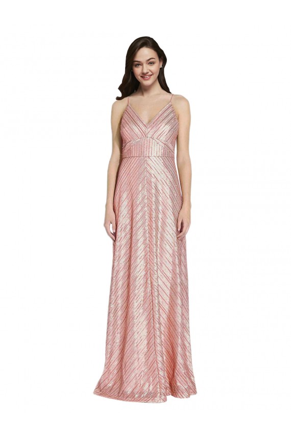 Low Back Rose Gold Sheath V-Neck Long Formal Evening Gown / Prom Dress / Bridesmaid Dress Bolton
