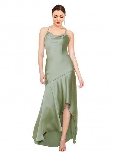 Open Back Smoke Green A-Line Cowl Neck Long High Low Evening Gown / Prom Dress / Bridesmaid Dress Bolton