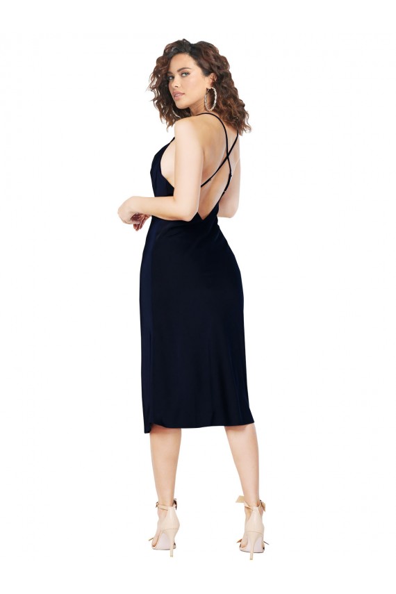 Open Back Dark Navy A-Line Cowl Neck Midi Length Formal Evening Gown / Prom Dress / Bridesmaid Dress Bolton