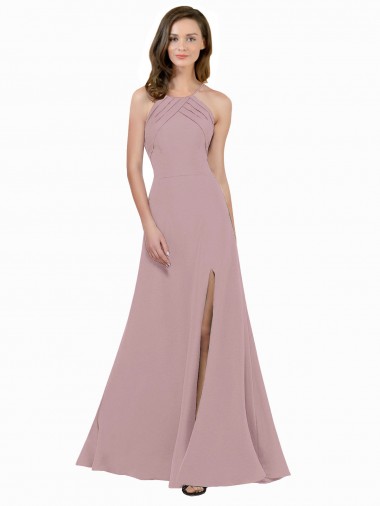 Keyhole Back Dusty Pink A-Line High Neck Long Prom Dress / Bridesmaid Dress Bolton