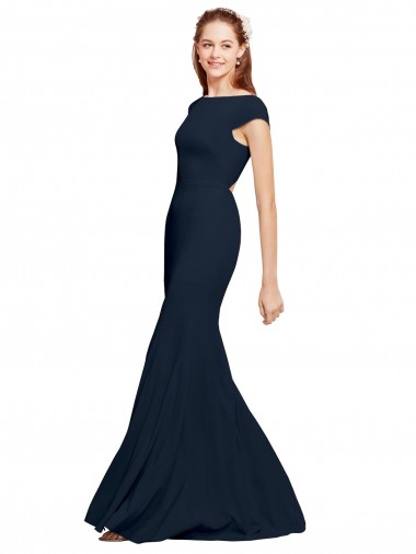Open Back Dark Navy A-Line Boat Neck Long Formal Evening Gown / Prom Dress / Bridesmaid Dress Bolton