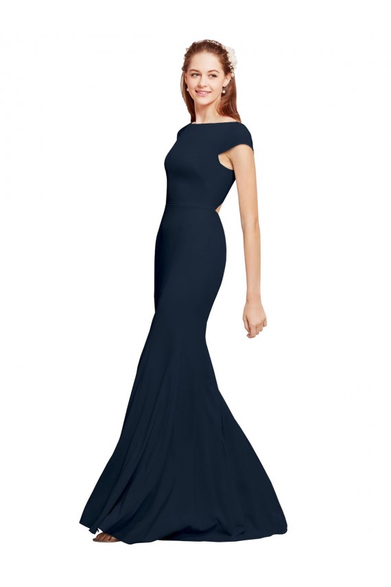 Open Back Dark Navy A-Line Boat Neck Long Formal Evening Gown / Prom Dress / Bridesmaid Dress Bolton