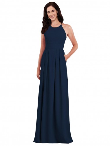 Open Back Dark Navy Trumpet Halter Neck Long Semi Formal Evening Dress / Bridesmaid Dress Bolton