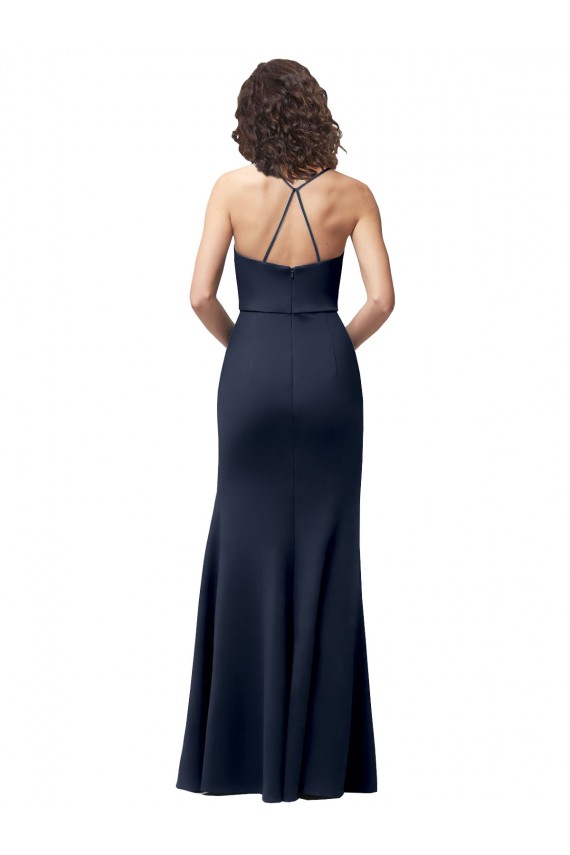 Open Back Dark Navy Sheath High Neck Long Formal Evening Gown / Prom Dress / Bridesmaid Dress Bolton