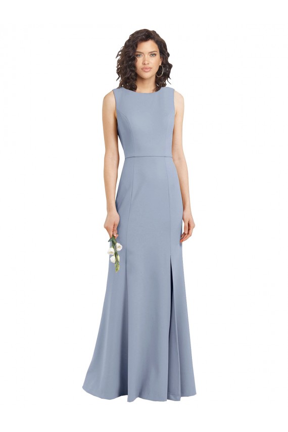 Keyhole Back Smoke Blue Sheath High Neck Long Bridesmaid Dress Bolton