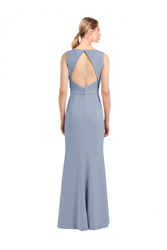 Keyhole Back Smoke Blue Sheath High Neck Long Bridesmaid Dress Bolton