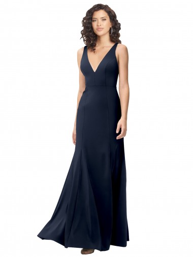 V-Back Dark Navy A-Line High Neck Long Formal Dress / Bridesmaid Dress Bolton