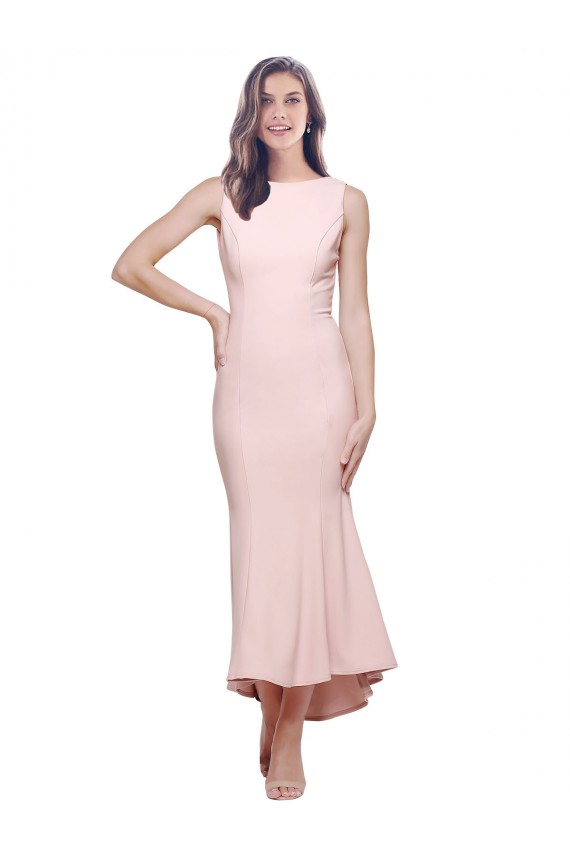 Low Back Pink Sheath High Neck Midi Length High Low Evening Gown / Prom Dress / Bridesmaid Dress Bolton