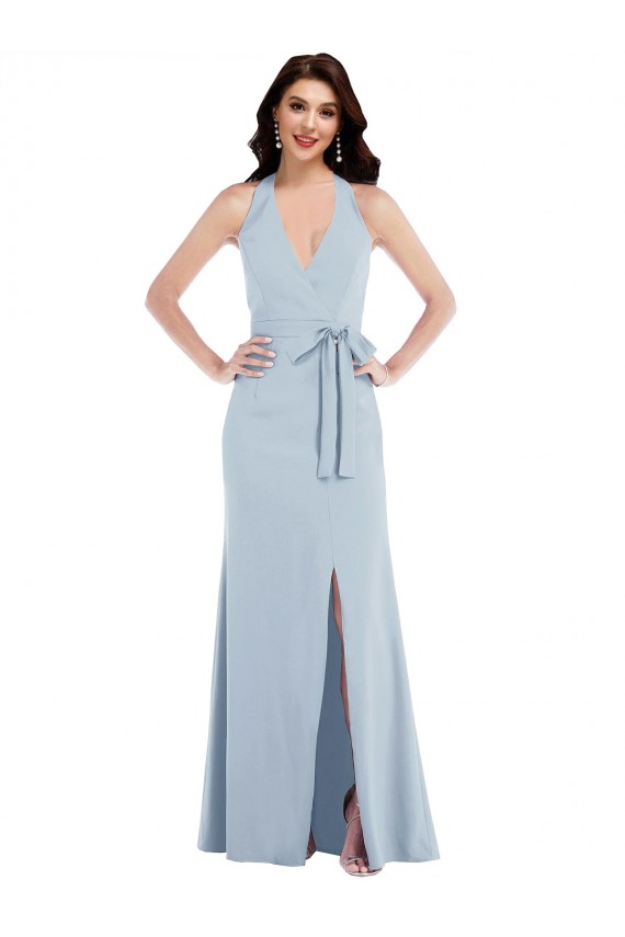 Open Back Light Sky Blue A-Line V-Neck Long Formal Evening Gown / Prom Dress / Bridesmaid Dress Bolton