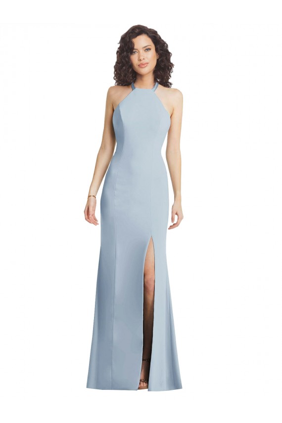 Open Back Light Sky Blue Trumpet High Neck Long Formal Evening Gown / Prom Dress / Bridesmaid Dress Bolton