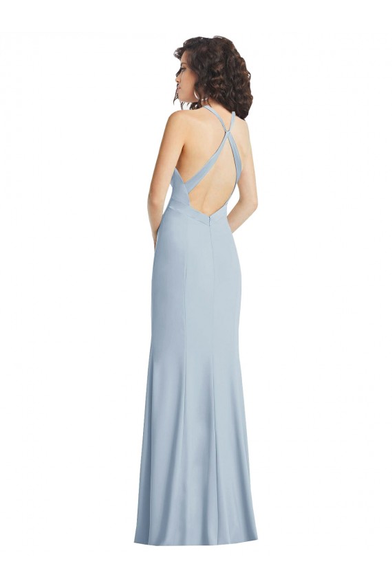 Open Back Light Sky Blue Trumpet High Neck Long Formal Evening Gown / Prom Dress / Bridesmaid Dress Bolton
