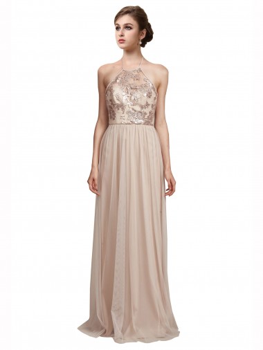 Nude A-Line Halter Neck Long Bridesmaid Dress Bolton