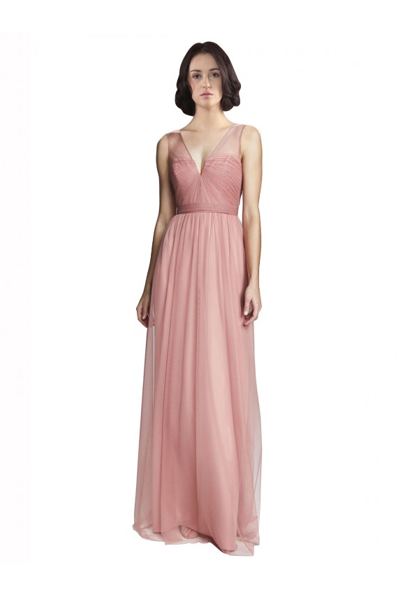 Rose Pink A-Line V-Neck Long Bridesmaid Dress Bolton