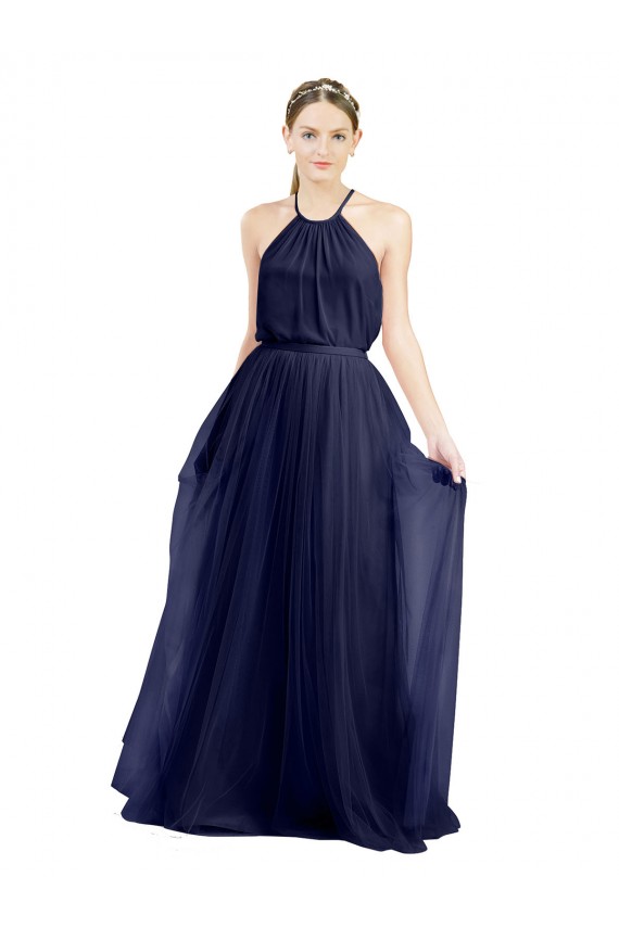 Navy Blue A-Line High Neck Long Semi Formal Evening Dress / Bridesmaid Dress Bolton