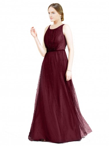 Keyhole Back Burgundy A-Line Boat Neck Long Semi Formal Evening Dress / Bridesmaid Dress Bolton