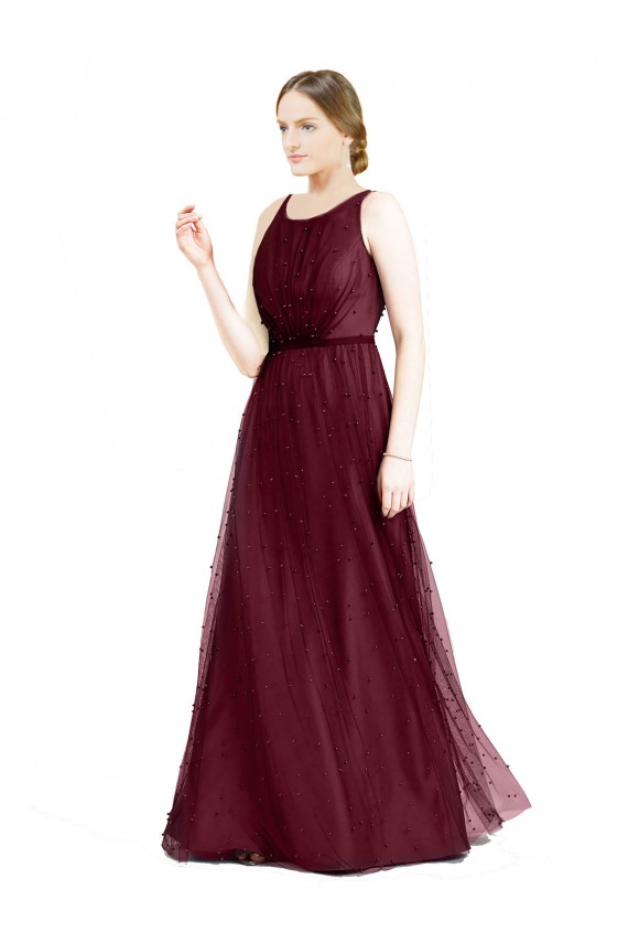 Keyhole Back Burgundy A-Line Boat Neck Long Semi Formal Evening Dress / Bridesmaid Dress Bolton