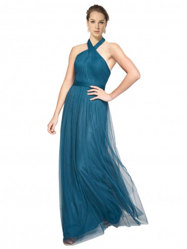 Open Back Teal Green A-Line High Neck Long Bridesmaid Dress Bolton