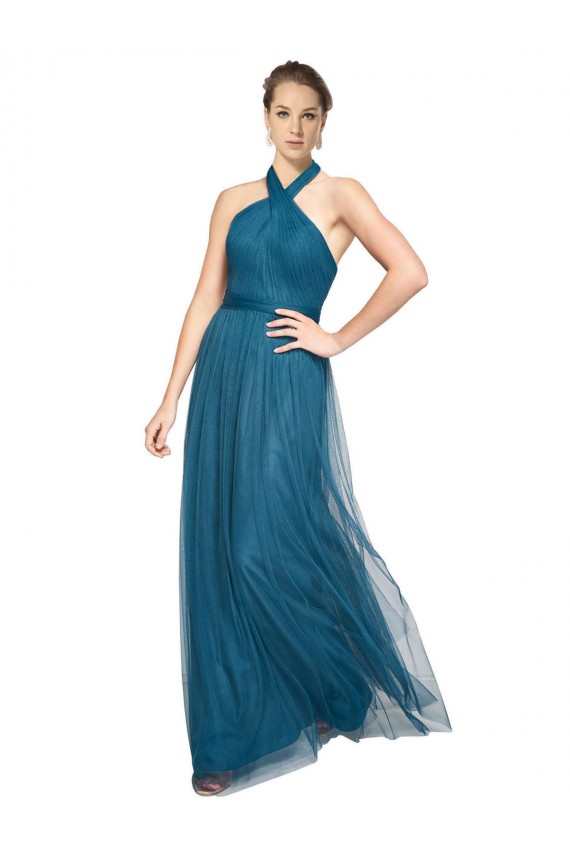 Open Back Teal Green A-Line High Neck Long Bridesmaid Dress Bolton