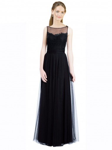 Low Back Black A-Line Illusion Neck Long Bridesmaid Dress Bolton