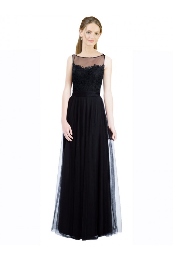 Low Back Black A-Line Illusion Neck Long Bridesmaid Dress Bolton