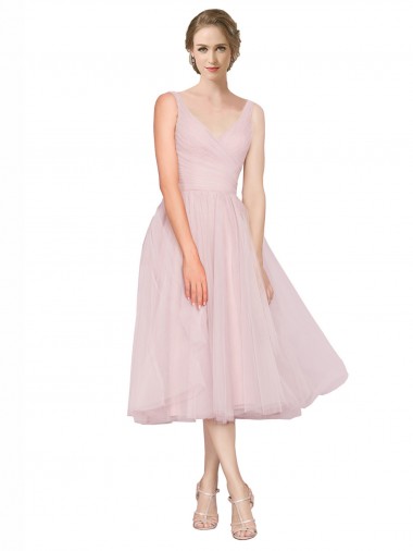V-Back Pink A-Line V-Neck Tea Length Bridesmaid Dress Bolton