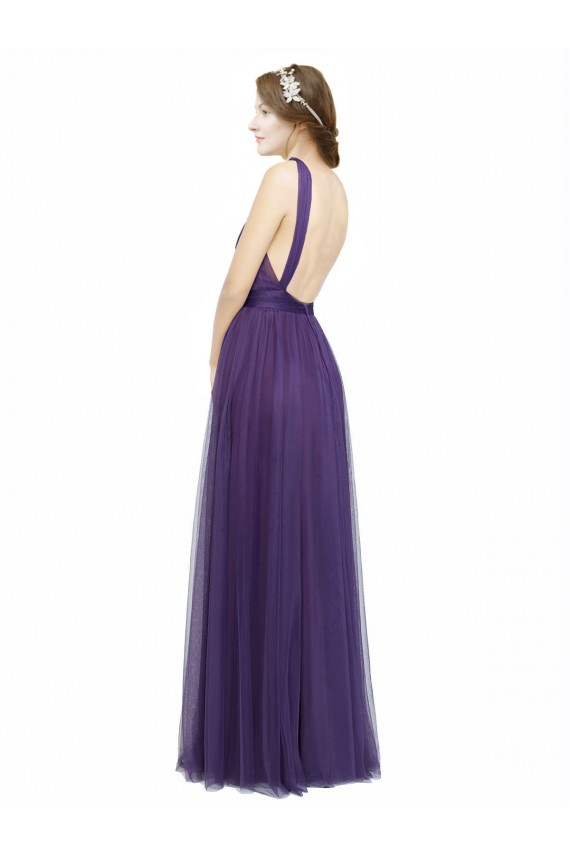 Low Back Purple A-Line Bateau Neck Long Bridesmaid Dress Bolton
