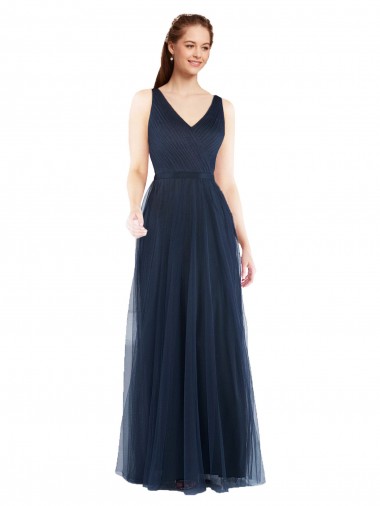 V-Back Dark Navy Sheath V-Neck Long Bridesmaid Dress Bolton