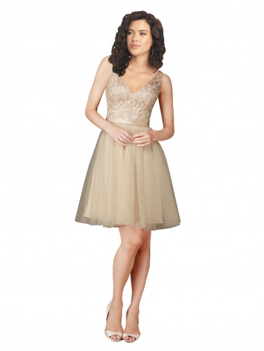 V-Back Champagne A-Line V-Neck Knee Length Bridesmaid Dress Bolton