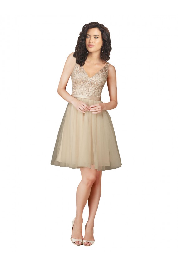 V-Back Champagne A-Line V-Neck Knee Length Bridesmaid Dress Bolton