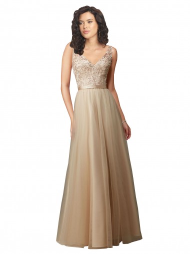 V-Back Champagne A-Line V-Neck Long Bridesmaid Dress Bolton