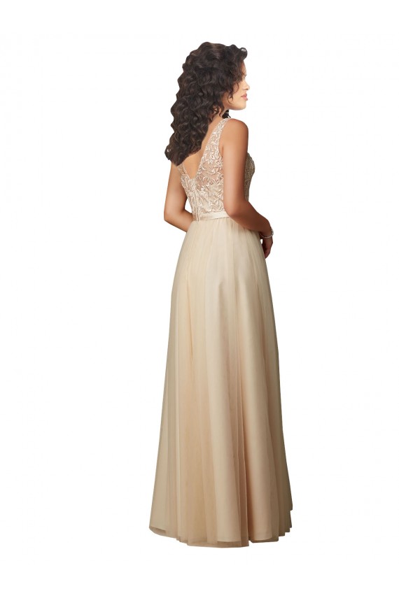 V-Back Champagne A-Line V-Neck Long Bridesmaid Dress Bolton
