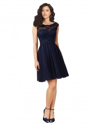 V-Back Dark Navy A-Line Bateau Neck Knee Length Bridesmaid Dress Bolton