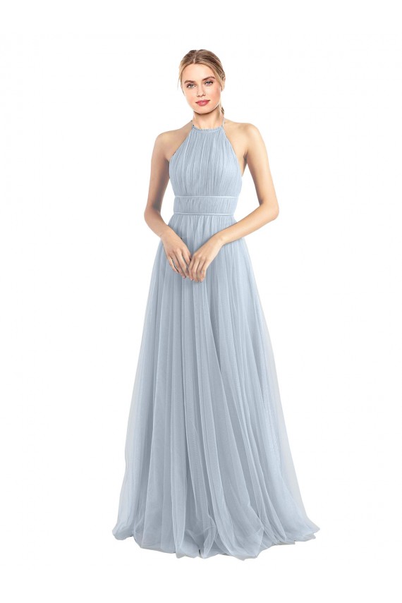 Open Back Light Sky Blue A-Line Halter Neck Long Bridesmaid Dress Bolton