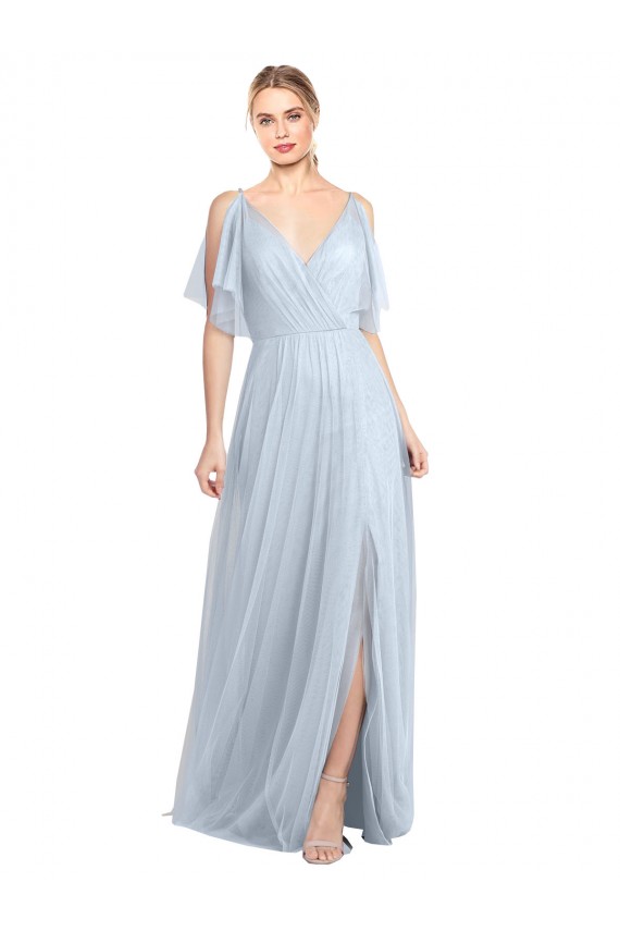 V-Back Light Sky Blue A-Line V-Neck Flutter Sleeves Long Bridesmaid Dress / Evening Dress Bolton
