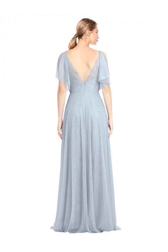 V-Back Light Sky Blue A-Line V-Neck Flutter Sleeves Long Bridesmaid Dress / Evening Dress Bolton