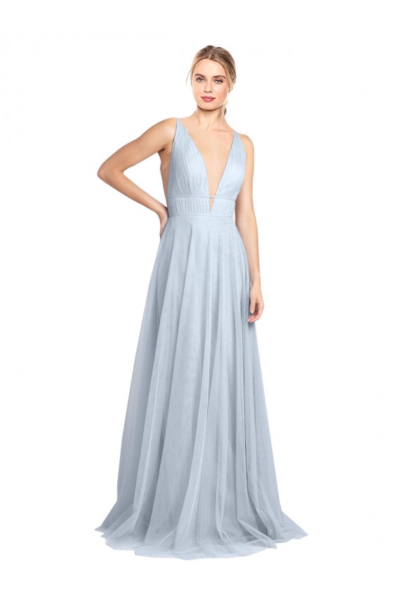 V-Back Light Sky Blue A-Line V-Neck Long Floor Length Bridesmaid Dress Bolton