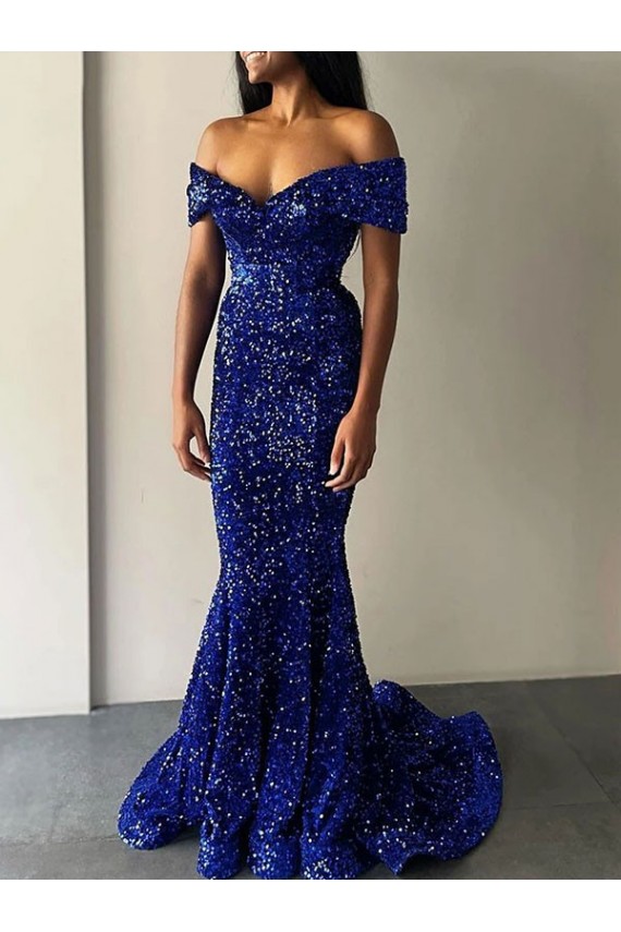 Royal Blue Mermaid Off the Shoulder Sweep Train Prom Dresses Bolton