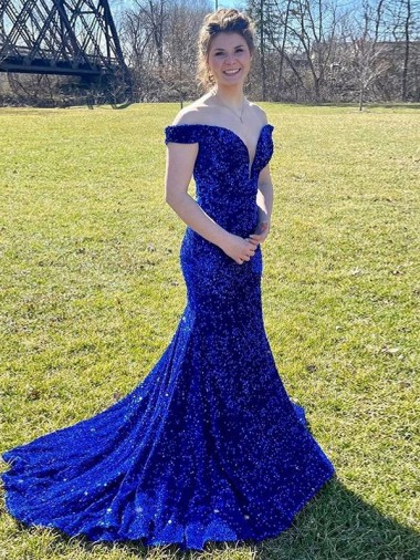 Royal Blue Sheath Off the Shoulder Sweep Train Prom Dress Bolton