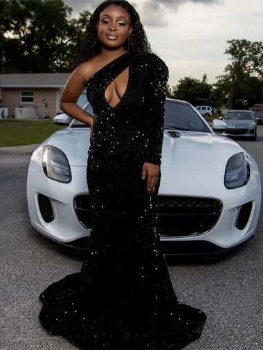 Black Sheath One Shoulder Sweep Train Prom Dress Bolton