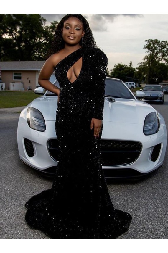 Black Sheath One Shoulder Sweep Train Prom Dress Bolton