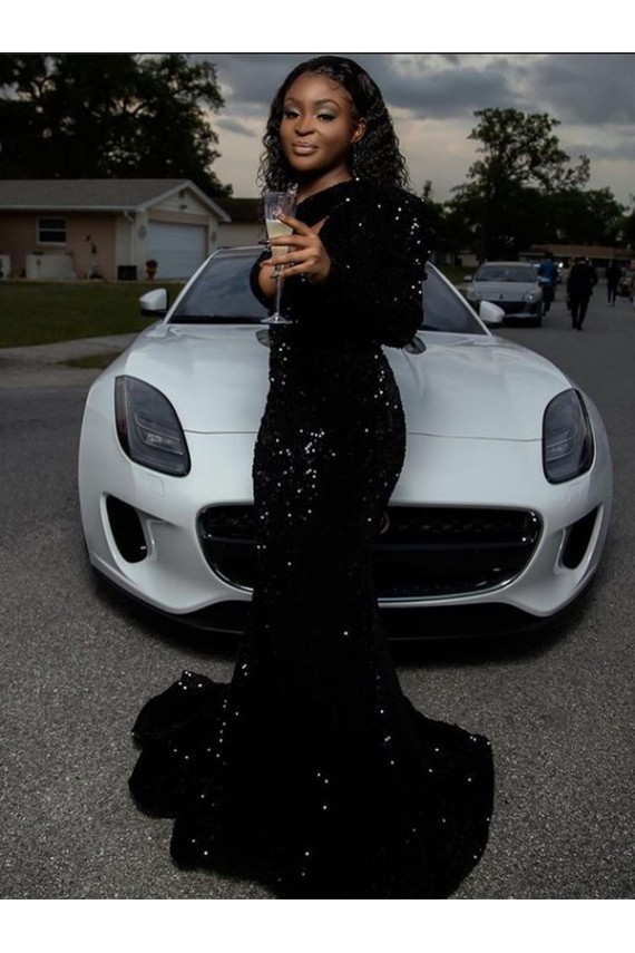 Black Sheath One Shoulder Sweep Train Prom Dress Bolton