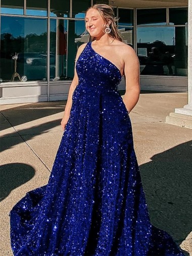 Royal Blue A-Line One Shoulder Sweep Train Prom Dress / Evening Gown Bolton