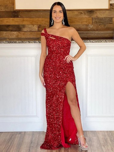 Burgundy Sheath One Shoulder Sweep Train Prom Dress Bolton