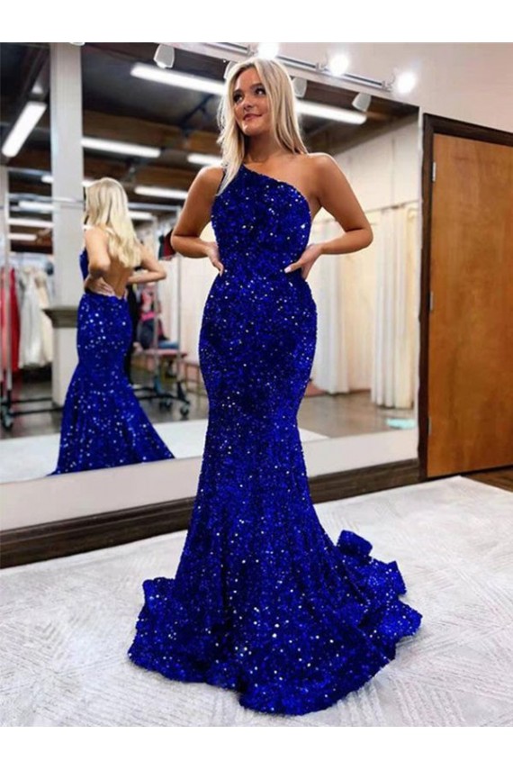 Royal Blue Mermaid One Shoulder Sweep Train Prom Dress Bolton