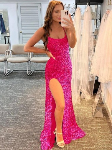 Fuchsia Sheath Spaghetti Straps Sweep Train Prom Dress / Evening Gown Bolton