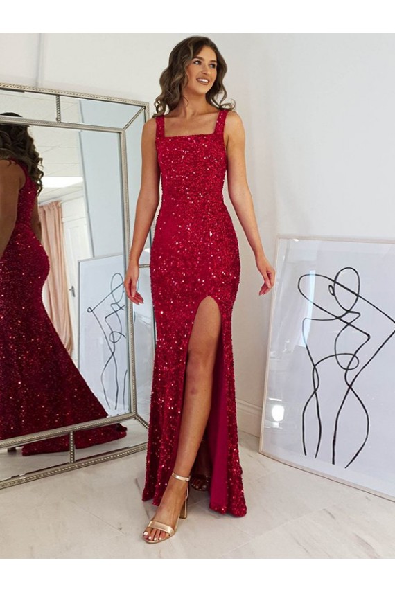Burgundy Sheath Square Neck Long Prom Dress Bolton