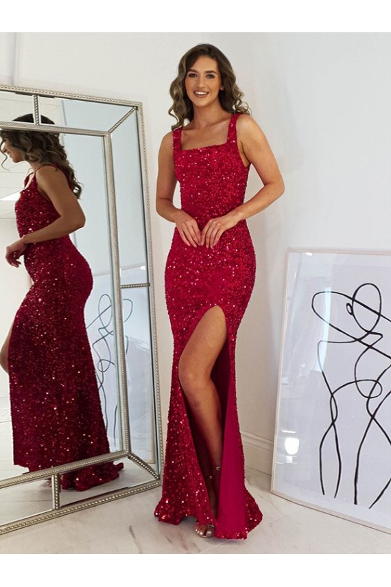Burgundy Sheath Square Neck Long Prom Dress Bolton