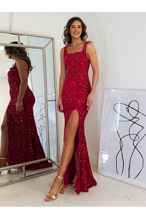 Burgundy Sheath Square Neck Long Prom Dress Bolton