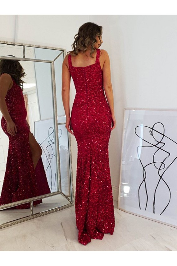 Burgundy Sheath Square Neck Long Prom Dress Bolton